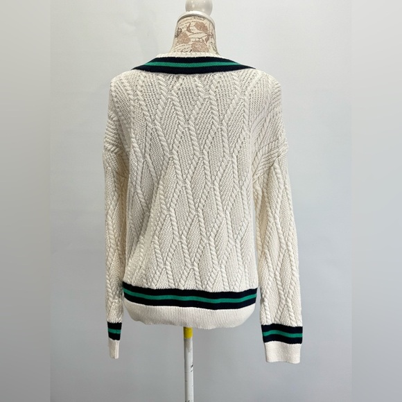 NICOLE MILLER Cream w/ navy & green trim V-Neck Cable Knit Sweater size M - Picture 7 of 12